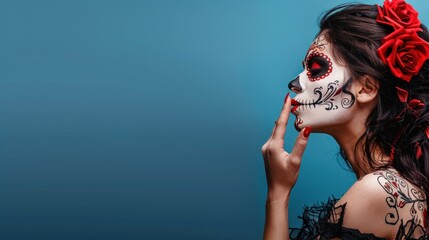 gorgeous mexican woman in colorful dia de los muertos skull makeup blowing kiss with raised hand for cinco de mayo