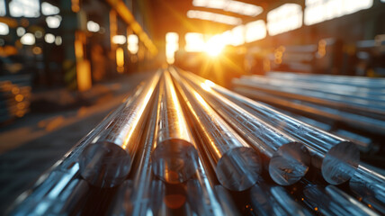 Steel rods in a factory at sunset.