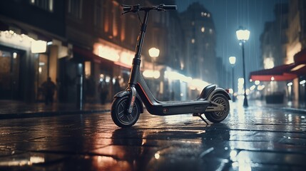 Electric scooter ride on a rainy city street at night.