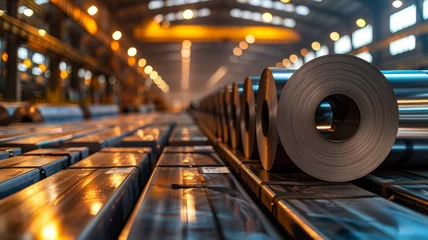 Poster Rolls of metal in factory warehouse. © SashaMagic