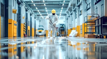 Industrial cleanliness maintained by a diligent worker in a safety suit. A spotless factory floor reflects strict hygiene standards. Professional cleaning service in action. AI