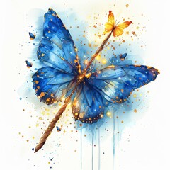 A blue and gold butterfly with a magic wand. - obrazy, fototapety, plakaty