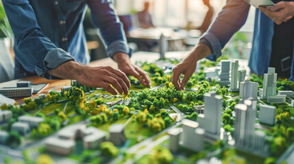 Two business people talking about eco city at green business meeting on meeting table with green city block model. Young Men discussing new city layout model in Bureau of Architecture.