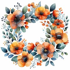 A watercolor painting of a wreath of orange and blue flowers.