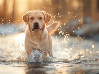 A dog is running in the water, splashing around and enjoying the coolness of the water