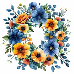 A watercolor painting of a wreath of blue and yellow flowers. - obrazy, fototapety, plakaty