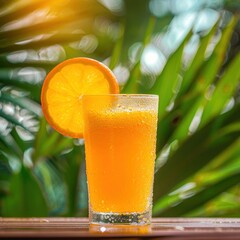 tropical summer drink, orange juice glass on blurred lush background