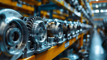 Fototapeta na wymiar A row of metal gears on an assembly line.