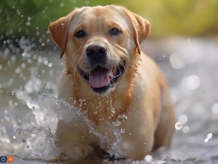A dog is playing in the water and is smiling. The water is splashing around the dog, and it looks like it's having a great time