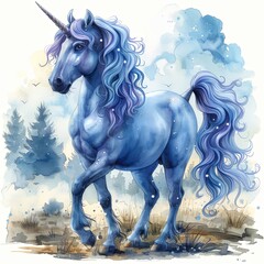 Obraz na płótnie Canvas A blue unicorn with a flowing mane stands in a misty forest.