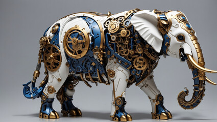  a mechanical elephant made of brass and painted white and blue. It has intricate details and looks like a clockwork toy.