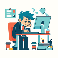 illustration of a business man with a tired expression while working at the computer