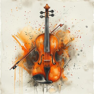 A watercolor painting of a violin with a bow. The violin is in the center of the image and the bow is on the left side. The background is a light orange and the violin is a dark orange.