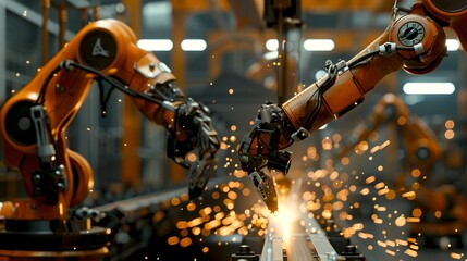 Industrial Robot Arms Welding in a Factory Setting. Modern Automation Technology at Work. Manufacturing Process Depicted in Action. AI