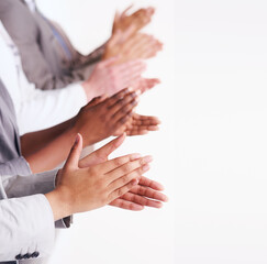 Business people, teamwork and applause in meeting for presentation, cooperation or collaboration in studio. Hands, group and clapping for congratulation, achievement or support with white background