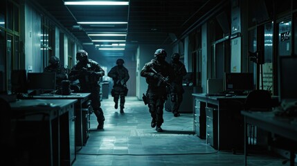 SWAT soldiers with rifles and flashlights scout and conceal combat operations in the surrounding area.