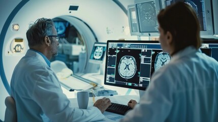 Neurologist and neurosurgeon talk use computer Analyzing a patient's MRI scan. Brain diagnosis. Health clinic lab.