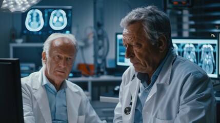 Neurologist and neurosurgeon talk use computer Analyzing a patient's MRI scan. Brain diagnosis. Health clinic lab.