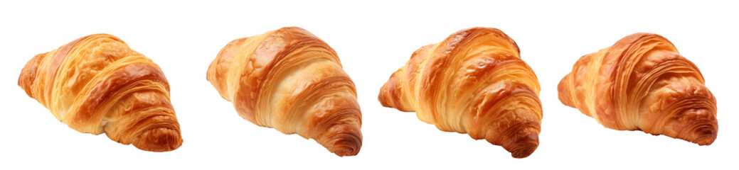 Four croissants are shown in a row, all of which are golden brown. Set of elements Set of png...