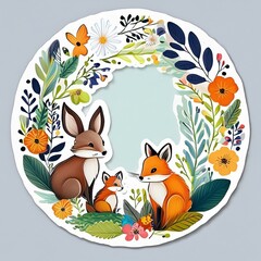 Circular Floral Wreath Stickers featuring whimsical woodland creatures 