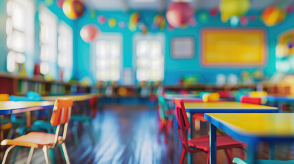 A classroom with colorful chairs and tables