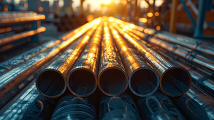 Steel pipes stacked at a construction site. - obrazy, fototapety, plakaty