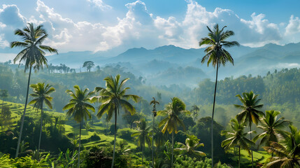 Landscape in the morning with Coconut Trees and Mountain