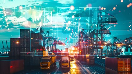 Futuristic Cargo Port with Glowing Digital Graphs and Trucks in Nighttime. Modern Freight Terminal with Economic Data. Concept of Global Trade. AI