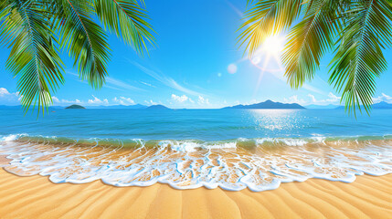 A beautiful beach scene with palm trees and a clear blue sky