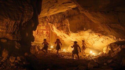 Primitive cavemen wore animal skins and explored caves at night. Hold the torch and look at the paintings on the wall.