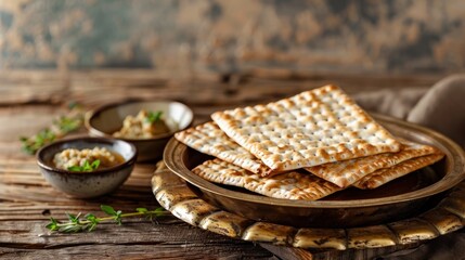 Traditional Passover Matzah dish, closeup portrait of unleavened bread platter for Jewish Seder meal