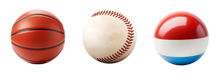 Fototapeta premium Three sports balls, one of which is a basketball, are shown in a row Set of png elements.
