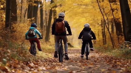 Family cycling trips in autumn, walks along paths in the forest, Hiking, collective active...