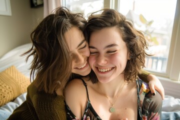 joyful portrait of two girls laughing and smiling together