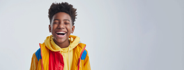 A young boy wearing a yellow jacket and a red and blue hoodie is smiling. secondary school pupil being happy and smiling, bright clothes, white background