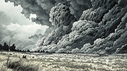 A dramatic storm rolling in over a prairie in the American Midwest, with dark storm clouds gathering above a vast, open field, creating a powerful and dynamic scene. - (1)