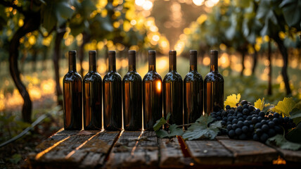 Wine bottles lined up in a vineyard at sunset