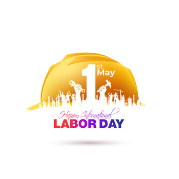 Labor Day celebration background. 1st May Happy International Labour Day text with safety helmet workers.