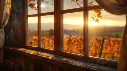 An autumnal vineyard view through a window.