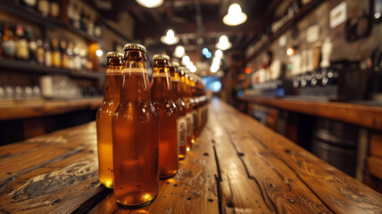 Row of beer bottles on a bar's wooden table.