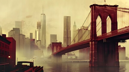 A dramatic view of the Brooklyn Bridge in New York City during a foggy sunrise, with the city skyline partially obscured, creating a mysterious and iconic urban landscape. - (2) - obrazy, fototapety, plakaty