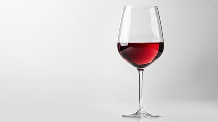 wine glass filled with deep ruby red wine, set against pure white minimal studio backdrop