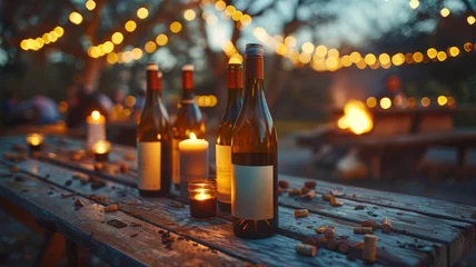 Fotobehang Outdoor wine setup with candles and lights © SashaMagic