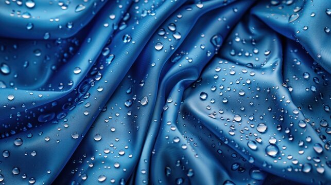 Water drops on blue fiber waterproof cloth Waterproofing concept