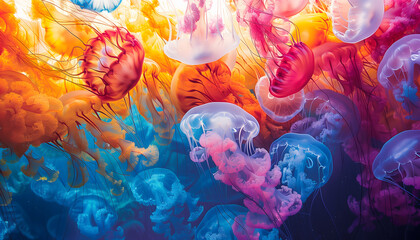 Vibrant illustration of jellyfish. The jellyfish come in a variety of colors, from brilliant shades of blue and purple to striking hues of orange, yellow, and pink