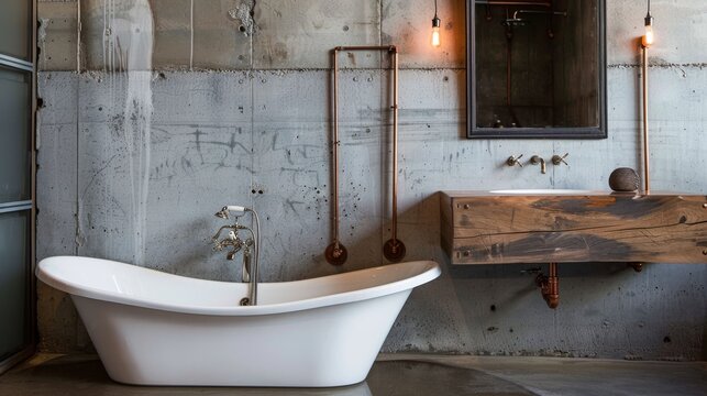 Stylish industrial-style bathroom with white freestanding tub and concrete walls