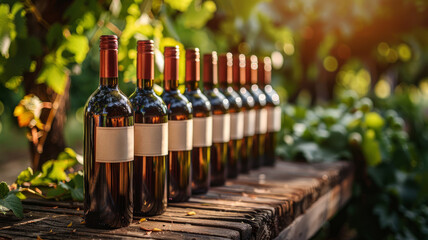 Row of wine bottles in vineyard at sunset