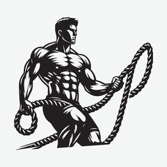 A Fit man working out with ropes black black & white vector. silhouette man rope jumping.