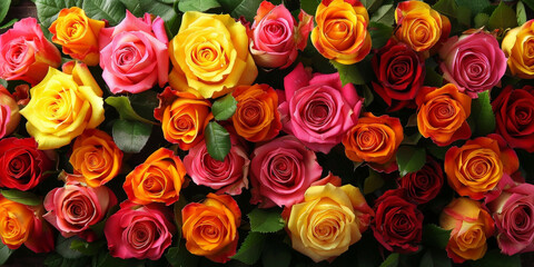 Naklejka premium close up red yellow pink roses background, colorful roses