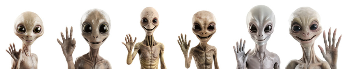 A group of aliens are shown in a row, all with different expressions and poses Set of png elements.